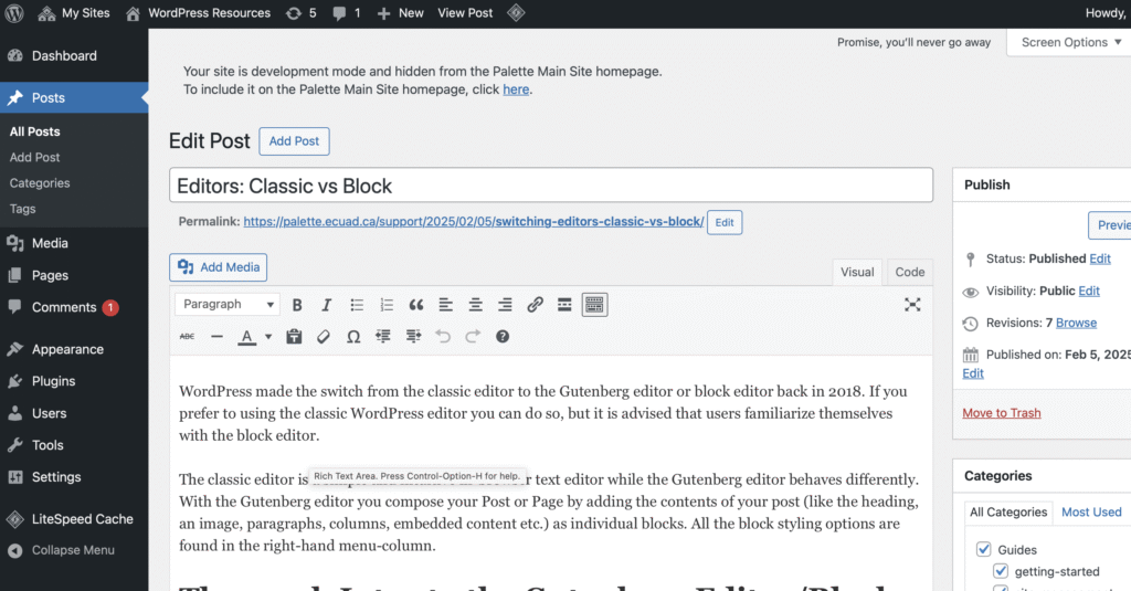 The Classic Editor: a title field, a text box with a formatting toolbar, and the Publish box on the right